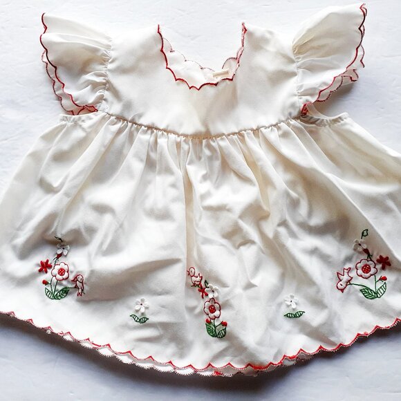 Vintage Girls Dress Embroidered Flowers Birds White Red Short Sleeve 3-6 Months